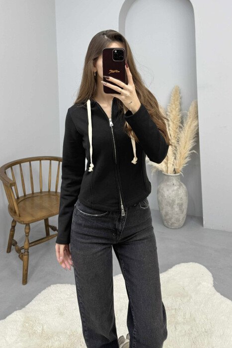 ONE COLOR HOODED ZIPPER WOMEN JACKET BLACK/ E ZEZE - 2