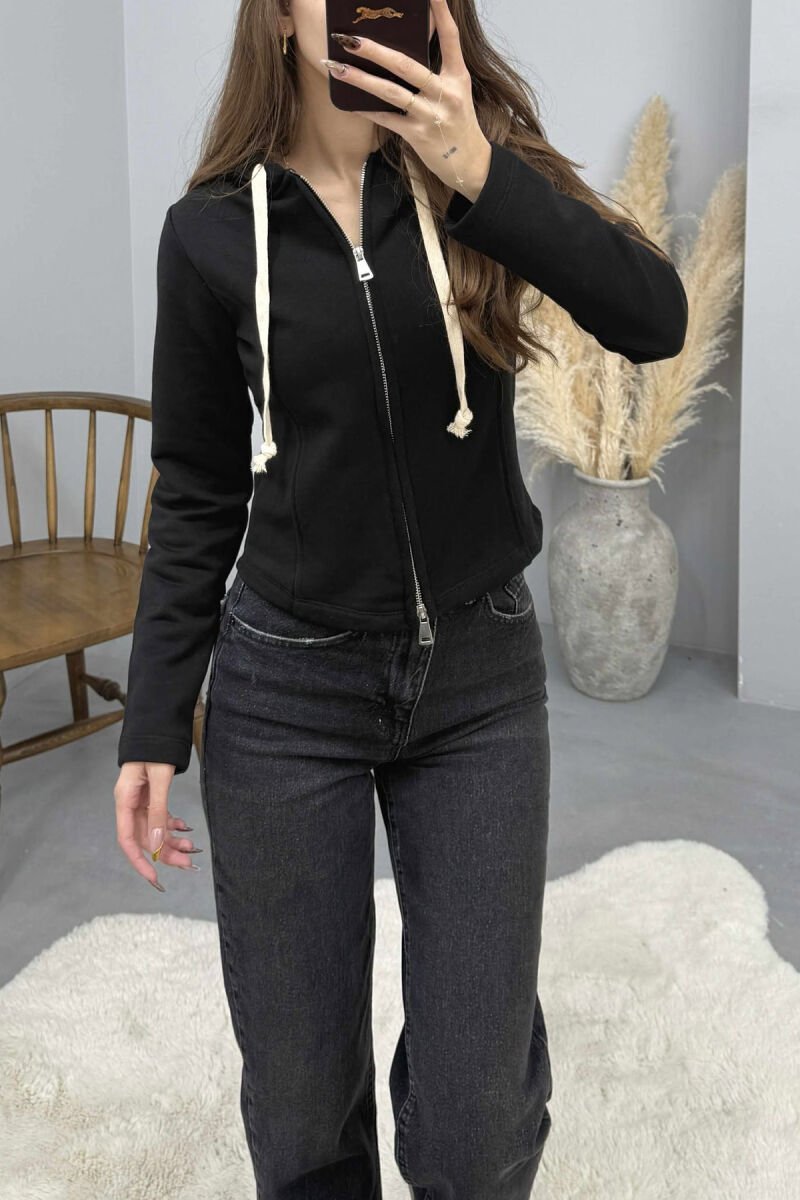 ONE COLOR HOODED ZIPPER WOMEN JACKET BLACK/ E ZEZE - 4