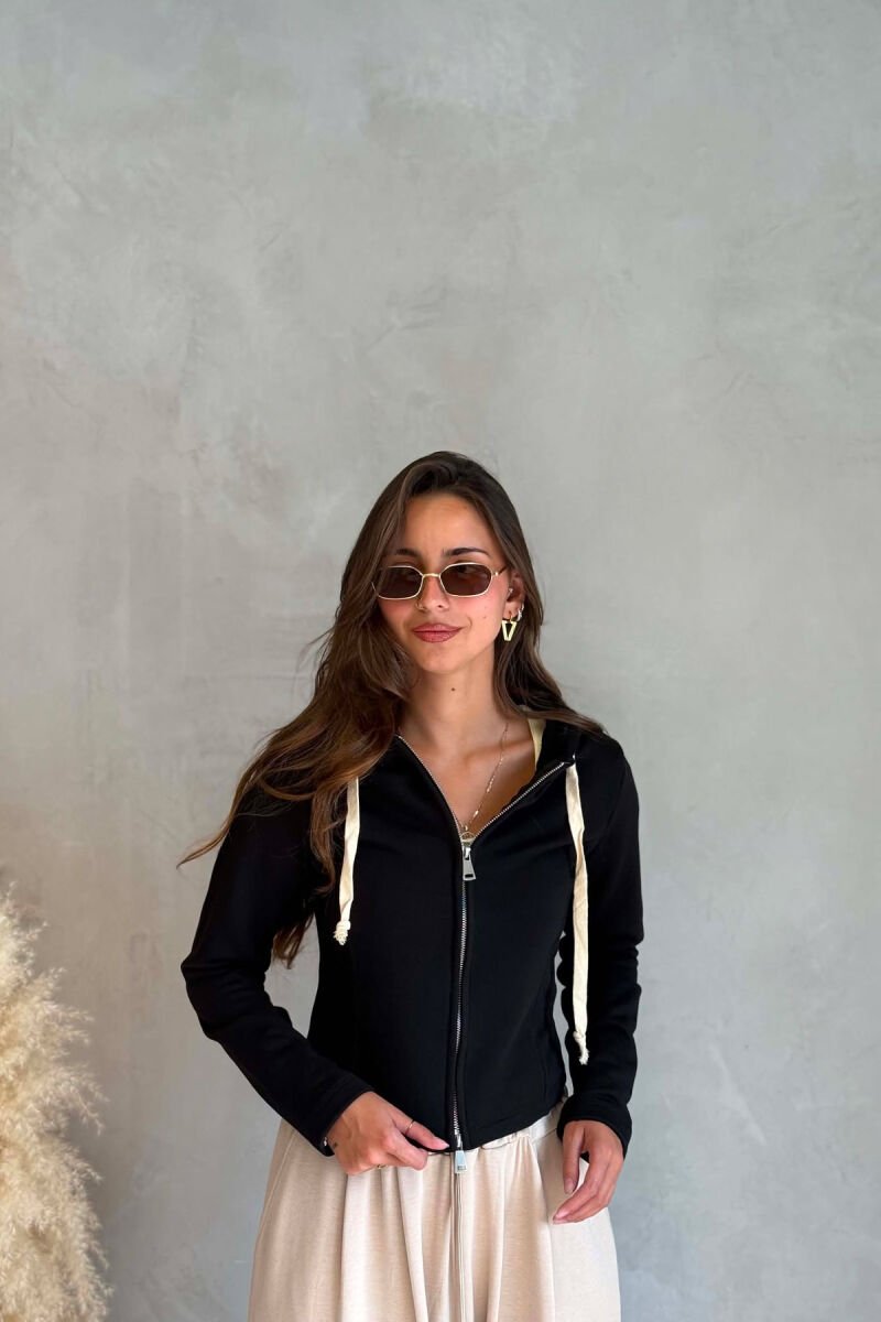 ONE COLOR HOODED ZIPPER WOMEN JACKET BLACK/ E ZEZE - 1