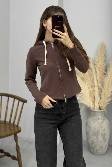 ONE COLOR HOODED ZIPPER WOMEN JACKET BROWN/KAFE - KLAUDIO FASHION