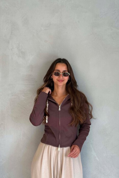 ONE COLOR HOODED ZIPPER WOMEN JACKET BROWN/KAFE - KLAUDIO FASHION