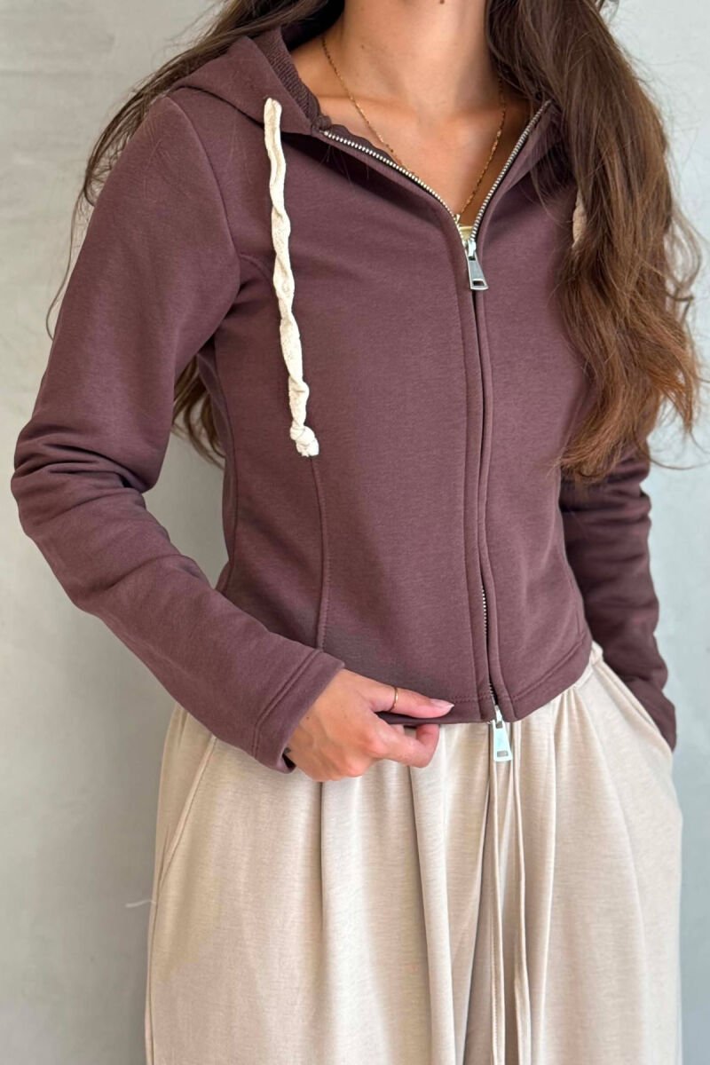 ONE COLOR HOODED ZIPPER WOMEN JACKET BROWN/KAFE - 2