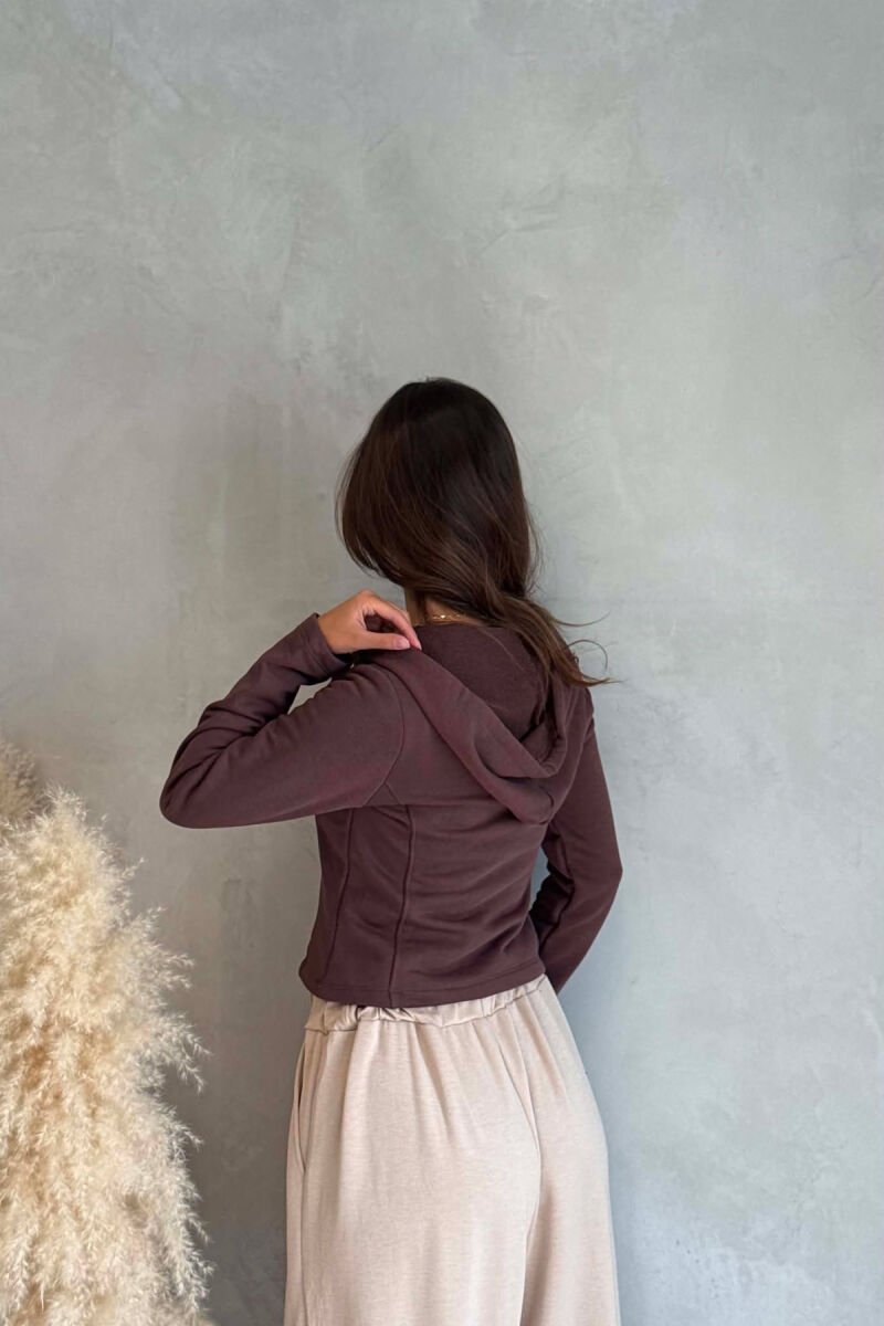 ONE COLOR HOODED ZIPPER WOMEN JACKET BROWN/KAFE - 4