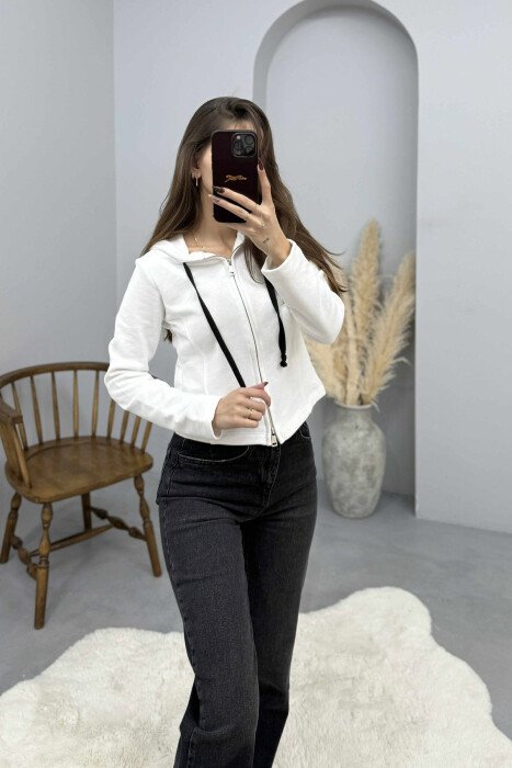 ONE COLOR HOODED ZIPPER WOMEN JACKET WHITE-E BARDHE - 4
