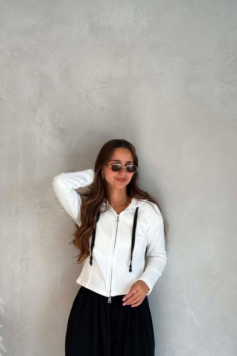 ONE COLOR HOODED ZIPPER WOMEN JACKET WHITE-E BARDHE - KLAUDIO FASHION