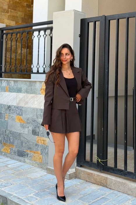 ONE COLOR JACKET + BELTED SKORTS WOMAN SET BROWN/KAFE - 1