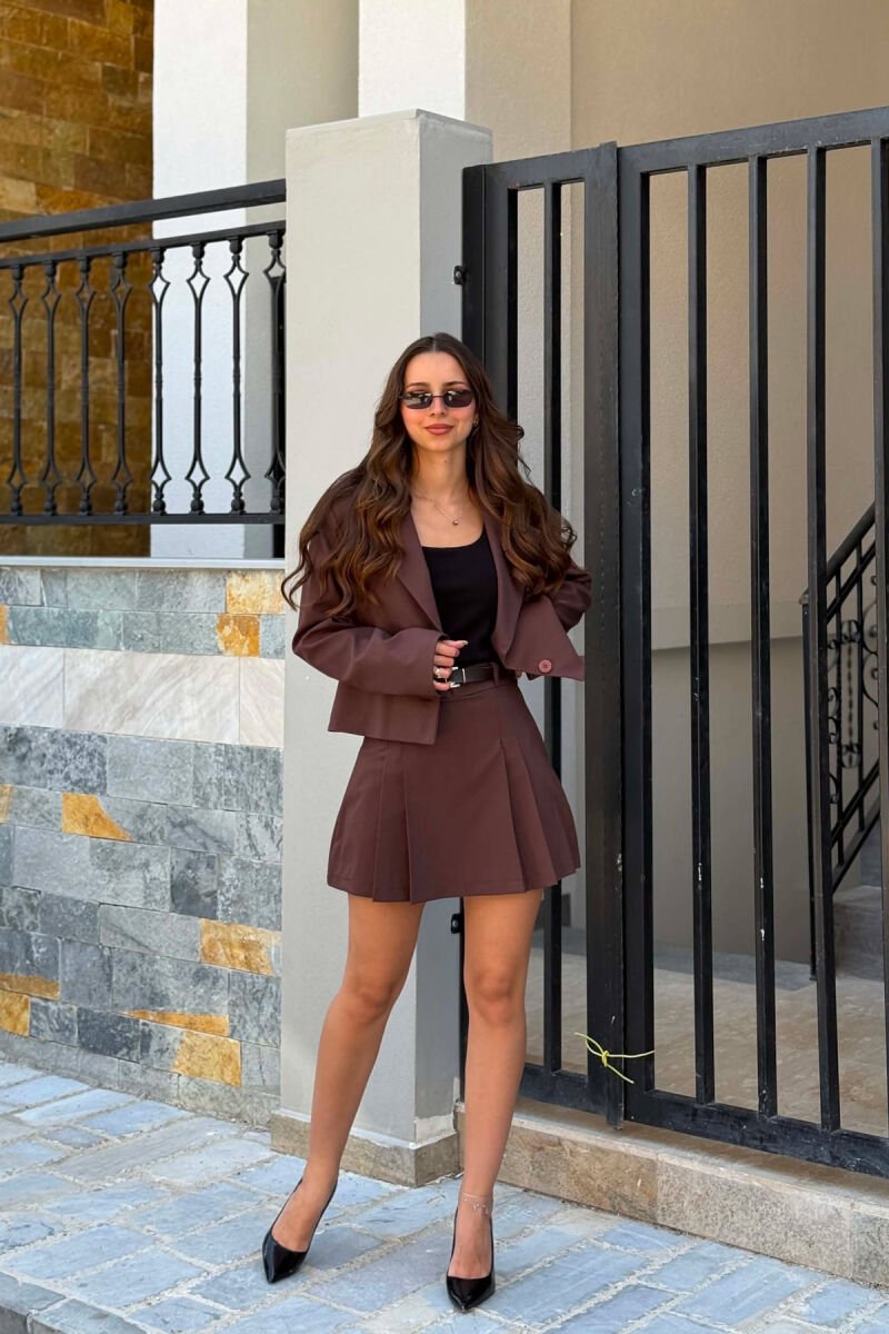 ONE COLOR JACKET + BELTED SKORTS WOMAN SET LIGHT BROWN/KAZB - 1