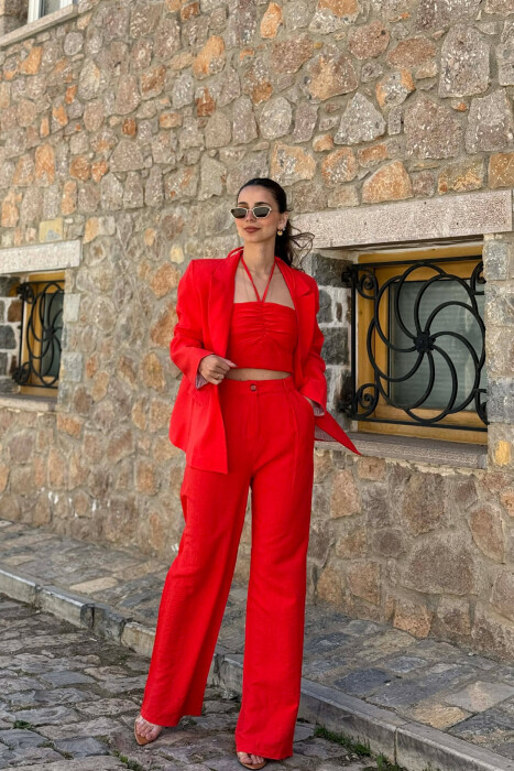 ONE COLOR JACKET + CROP TOP+ TROUSERS WOMAN SET DARK ORANGE/POE - 6