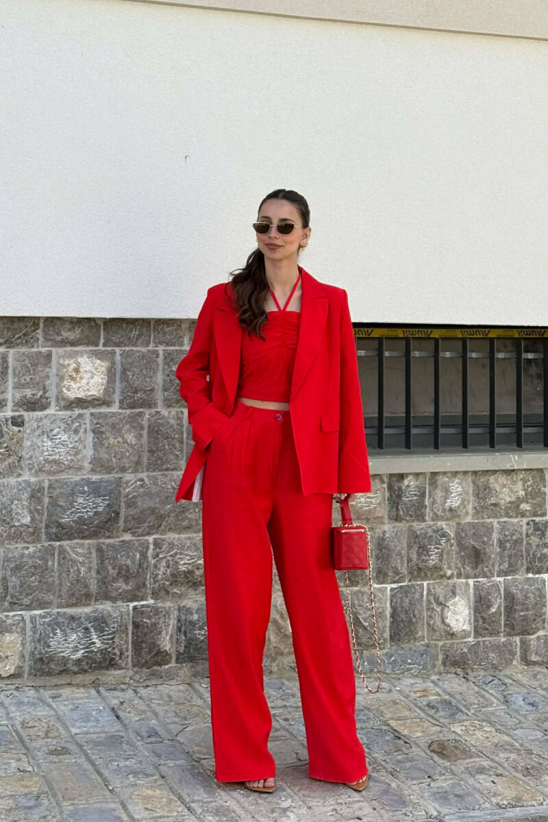 ONE COLOR JACKET + CROP TOP+ TROUSERS WOMAN SET RED/E KUQE - 1