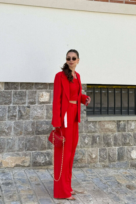 ONE COLOR JACKET + CROP TOP+ TROUSERS WOMAN SET RED/E KUQE - 4
