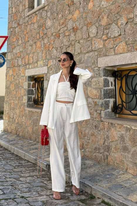 ONE COLOR JACKET + CROP TOP+ TROUSERS WOMAN SET WHITE-E BARDHE - KLAUDIO FASHION