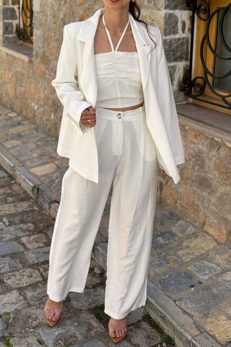 ONE COLOR JACKET + CROP TOP+ TROUSERS WOMAN SET WHITE-E BARDHE - 3