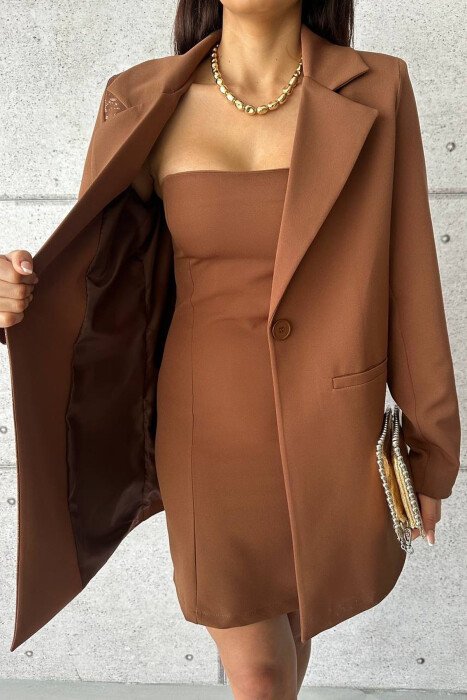 ONE COLOR JACKET+ DRESS WOMEN SET BROWN/KAFE - KLAUDIO FASHION