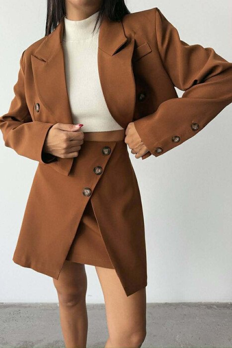 ONE COLOR JACKET+SKIRT WOMEN SET BROWN/KAFE - 3