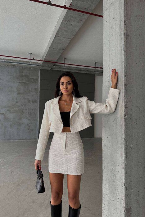 ONE COLOR JACKET+SKIRT WOMEN SET CREAM/KREM - KLAUDIO FASHION