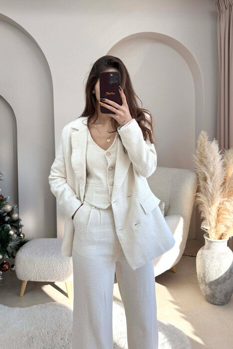 ONE COLOR JACKET+VEST+TROUSERS WOMEN SET CREAM/KREM - 2