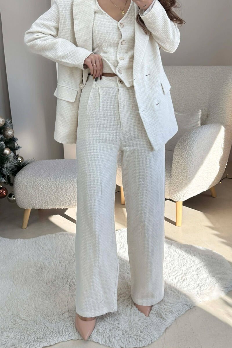ONE COLOR JACKET+VEST+TROUSERS WOMEN SET CREAM/KREM - 4
