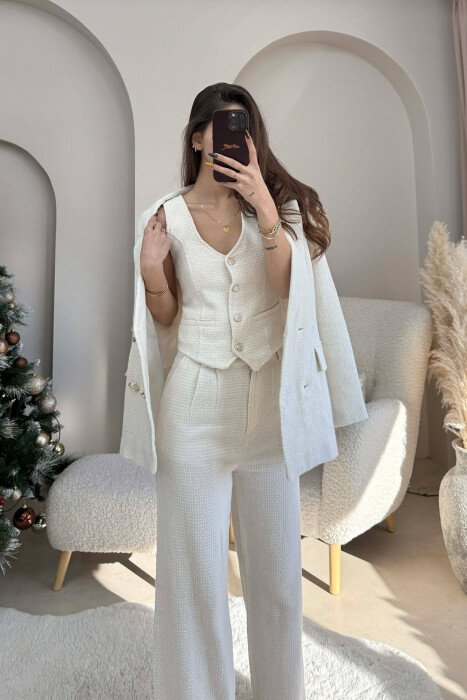 ONE COLOR JACKET+VEST+TROUSERS WOMEN SET CREAM/KREM - 5