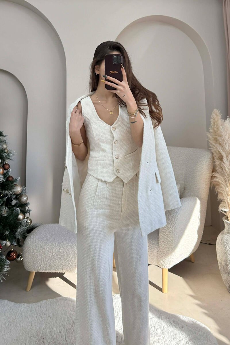 ONE COLOR JACKET+VEST+TROUSERS WOMEN SET CREAM/KREM - 5