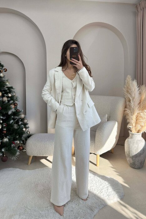 ONE COLOR JACKET+VEST+TROUSERS WOMEN SET CREAM/KREM - 7