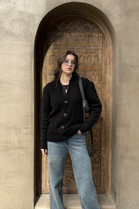 ONE COLOR KNITTED BUTTON-UP WOMEN CARDIGAN BLACK/ E ZEZE - 1