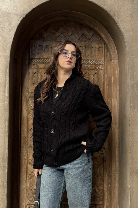 ONE COLOR KNITTED BUTTON-UP WOMEN CARDIGAN BLACK/ E ZEZE - 2