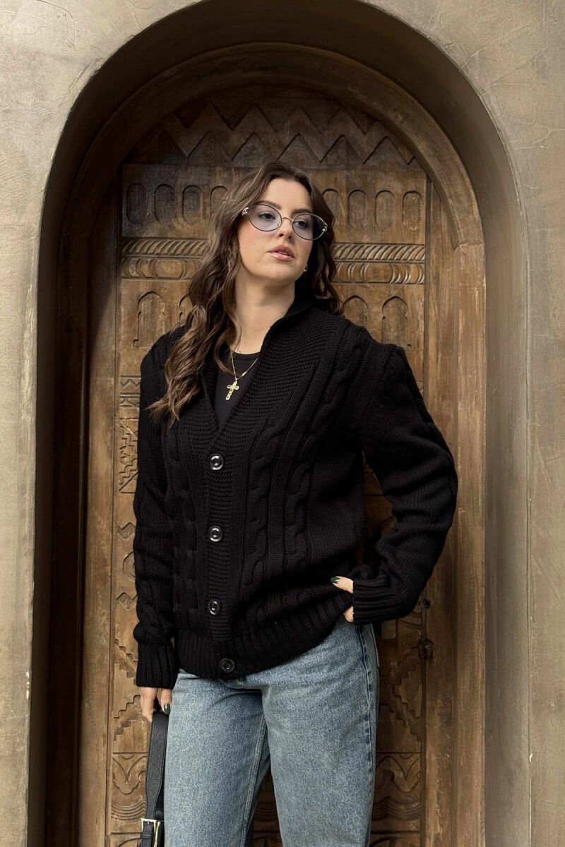 ONE COLOR KNITTED BUTTON-UP WOMEN CARDIGAN BLACK/ E ZEZE - 2