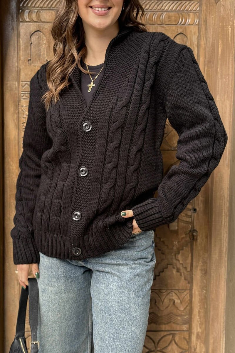 ONE COLOR KNITTED BUTTON-UP WOMEN CARDIGAN BLACK/ E ZEZE - 4