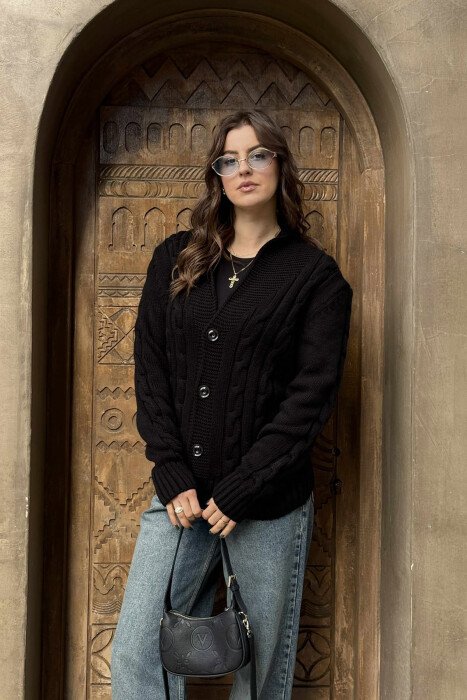 ONE COLOR KNITTED BUTTON-UP WOMEN CARDIGAN BLACK/ E ZEZE - 3