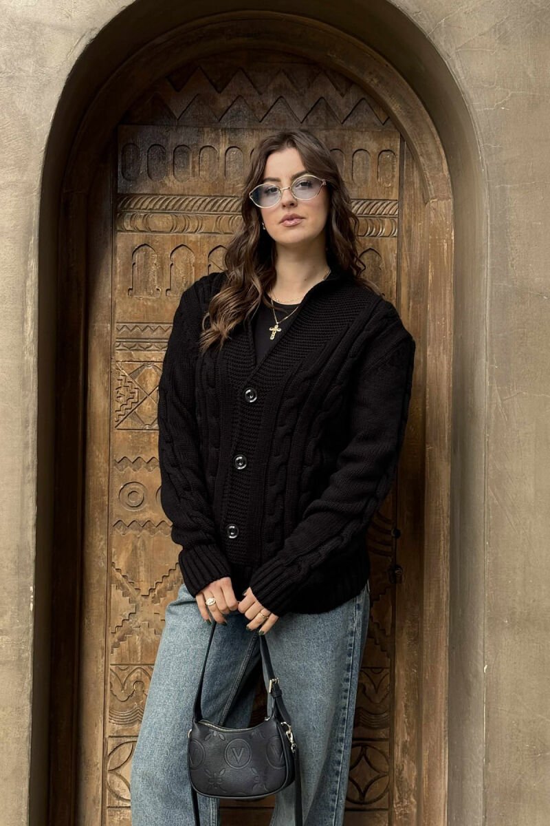 ONE COLOR KNITTED BUTTON-UP WOMEN CARDIGAN BLACK/ E ZEZE - 3