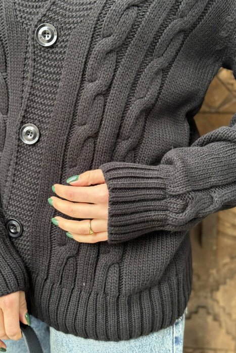 ONE COLOR KNITTED BUTTON-UP WOMEN CARDIGAN BLACK/ E ZEZE - 5