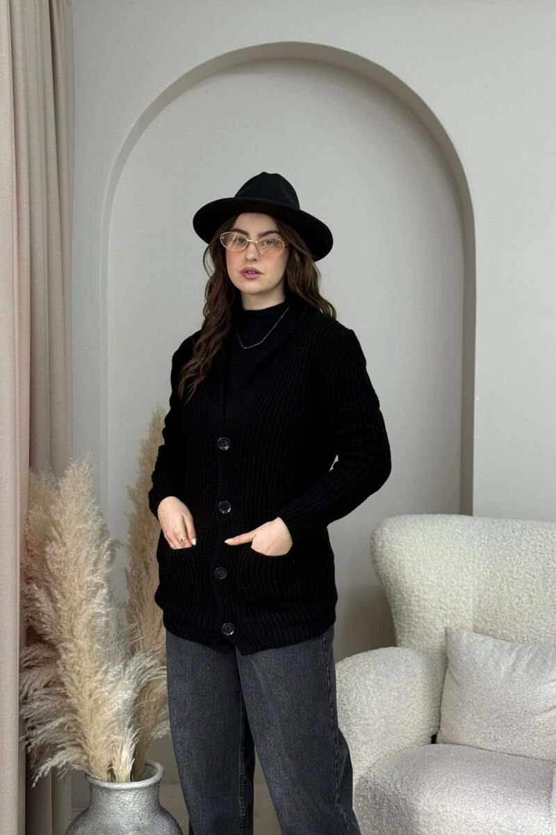 ONE COLOR KNITTED BUTTONED WOMEN CARDIGAN BLACK/ E ZEZE - 1