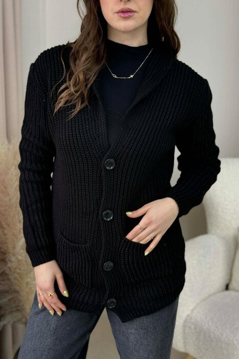 ONE COLOR KNITTED BUTTONED WOMEN CARDIGAN BLACK/ E ZEZE - 4