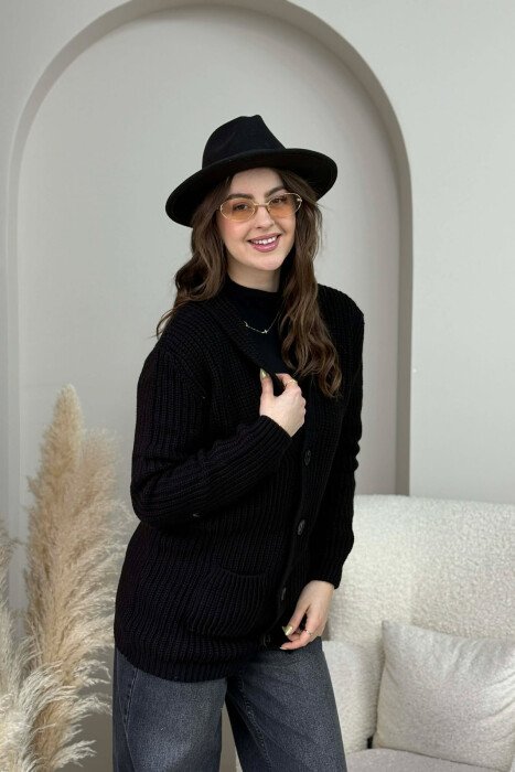 ONE COLOR KNITTED BUTTONED WOMEN CARDIGAN BLACK/ E ZEZE - 5