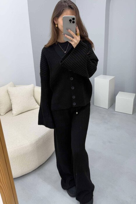 ONE COLOR KNITTED CARDIGAN+TROUSERS WOMEN SET BLACK/ E ZEZE - 3