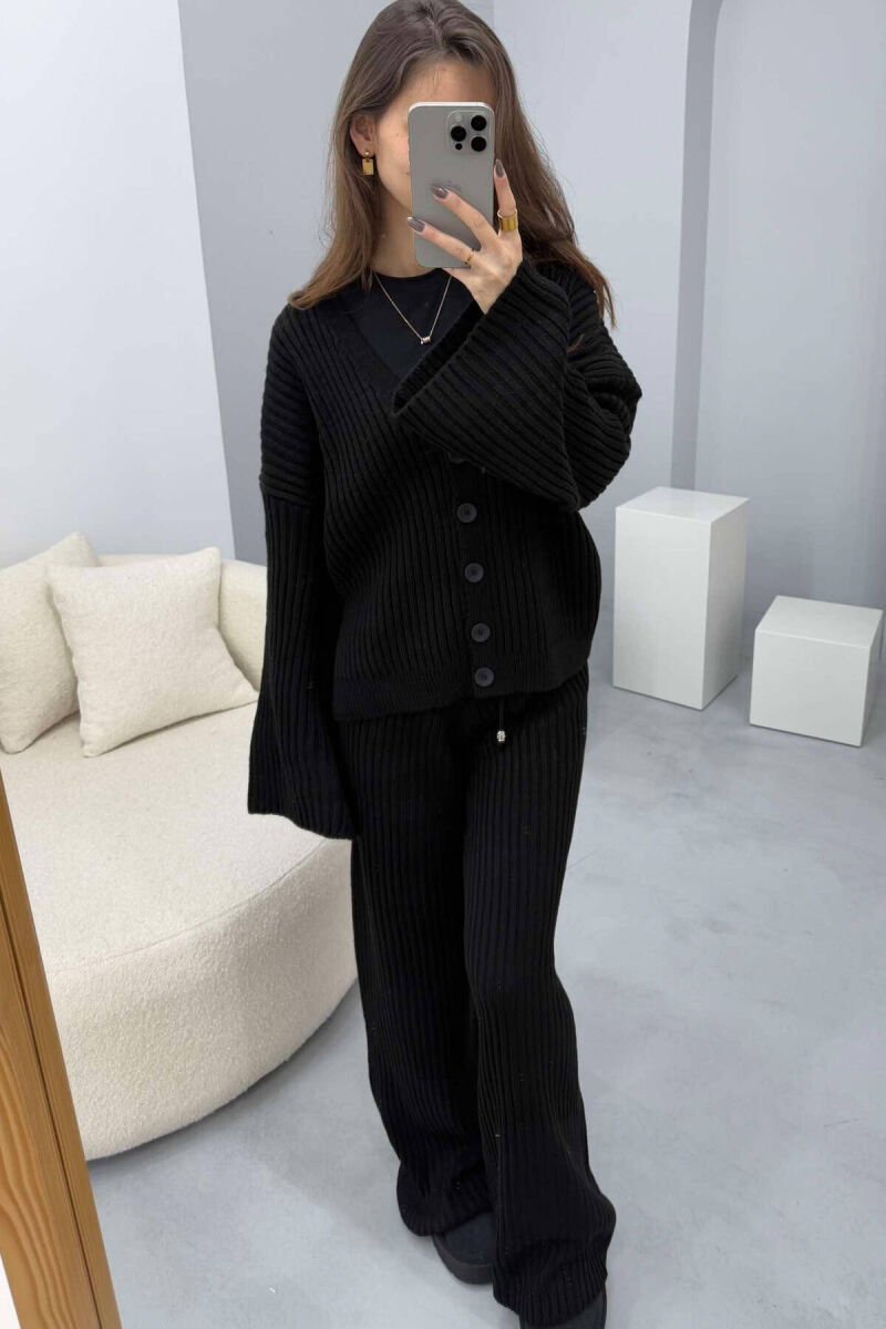 ONE COLOR KNITTED CARDIGAN+TROUSERS WOMEN SET BLACK/ E ZEZE - 3