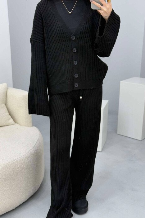 ONE COLOR KNITTED CARDIGAN+TROUSERS WOMEN SET BLACK/ E ZEZE - 4