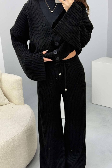 ONE COLOR KNITTED CARDIGAN+TROUSERS WOMEN SET BLACK/ E ZEZE - 5