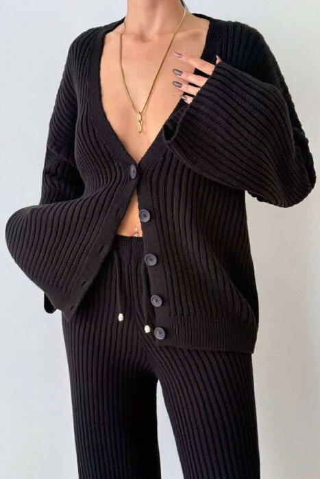 ONE COLOR KNITTED CARDIGAN+TROUSERS WOMEN SET BLACK/ E ZEZE - KLAUDIO FASHION