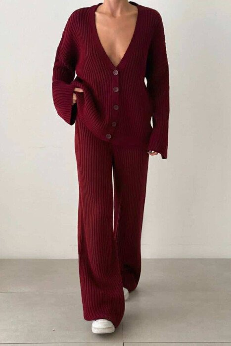 ONE COLOR KNITTED CARDIGAN+TROUSERS WOMEN SET BURGUNDY/VISHNJE - KLAUDIO FASHION