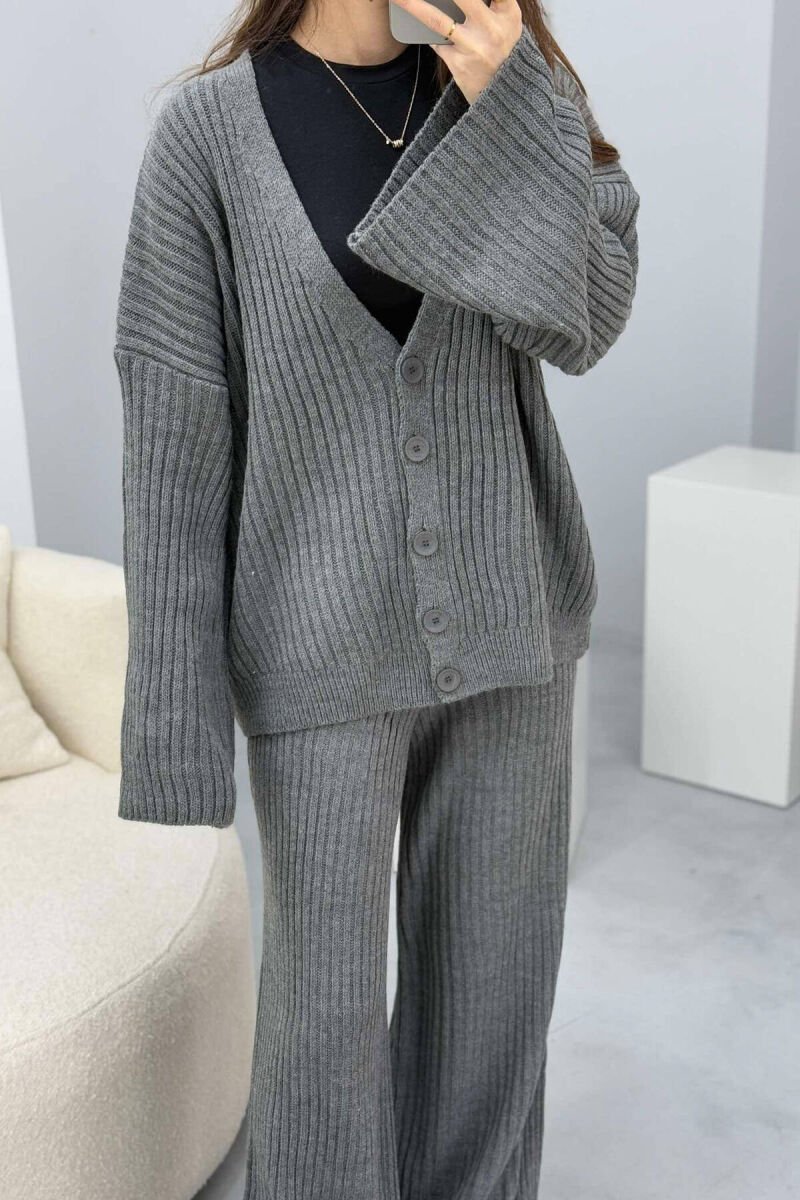 ONE COLOR KNITTED CARDIGAN+TROUSERS WOMEN SET GREY/GRI - 5