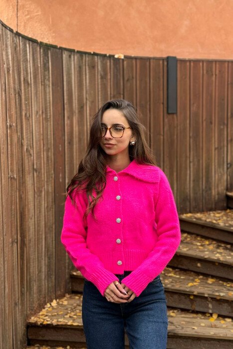 ONE COLOR KNITTED DIAMOND DETAIL BUTTONS WOMEN CARDIGAN FUCHSIA/CIKLAMI - 1