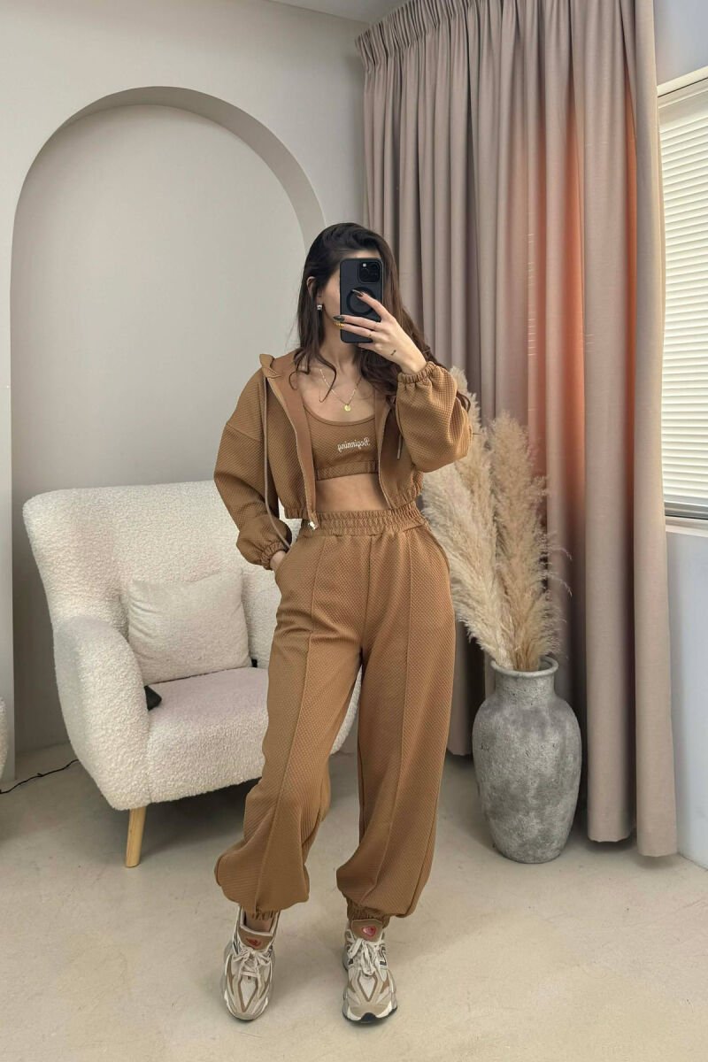ONE COLOR KNITTED FABRIC JACKET+BRA+JOGGERS WOMEN SET BROWN/KAFE - 1