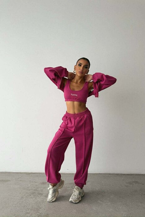 ONE COLOR KNITTED FABRIC JACKET+BRA+JOGGERS WOMEN SET FUCHSIA/CIKLAMI - KLAUDIO FASHION