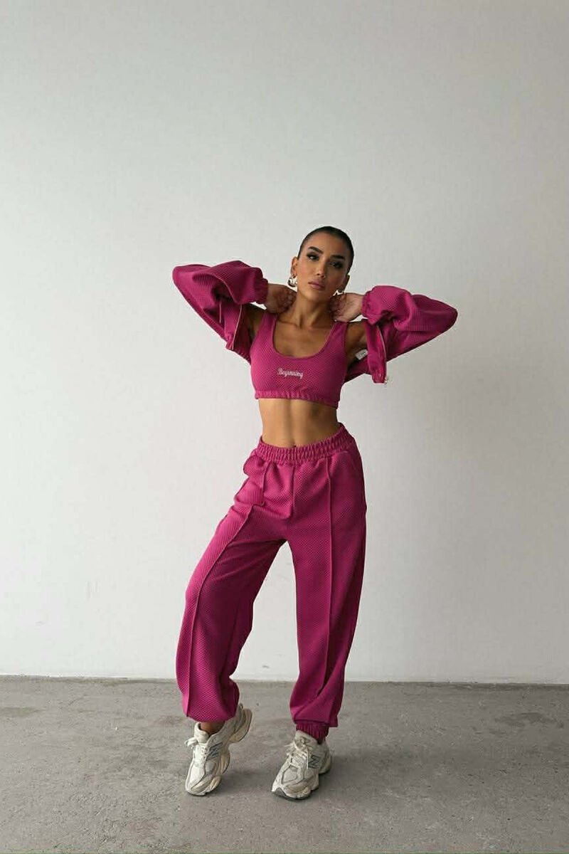 ONE COLOR KNITTED FABRIC JACKET+BRA+JOGGERS WOMEN SET FUCHSIA/CIKLAMI - 1