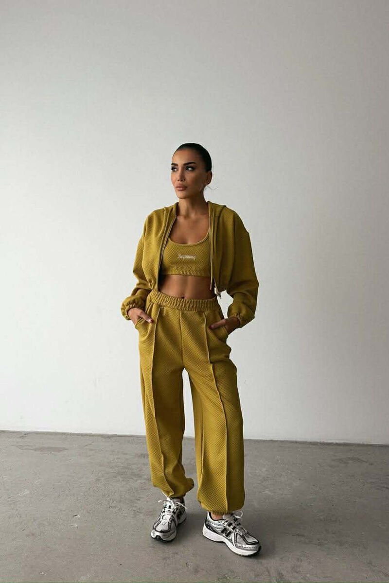 ONE COLOR KNITTED FABRIC JACKET+BRA+JOGGERS WOMEN SET LIGHT GREEN/JEZB - 1