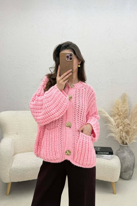 ONE COLOR KNITTED FRONT POCKETS WOMEN CARDIGAN PINK/ROZE - KLAUDIO FASHION
