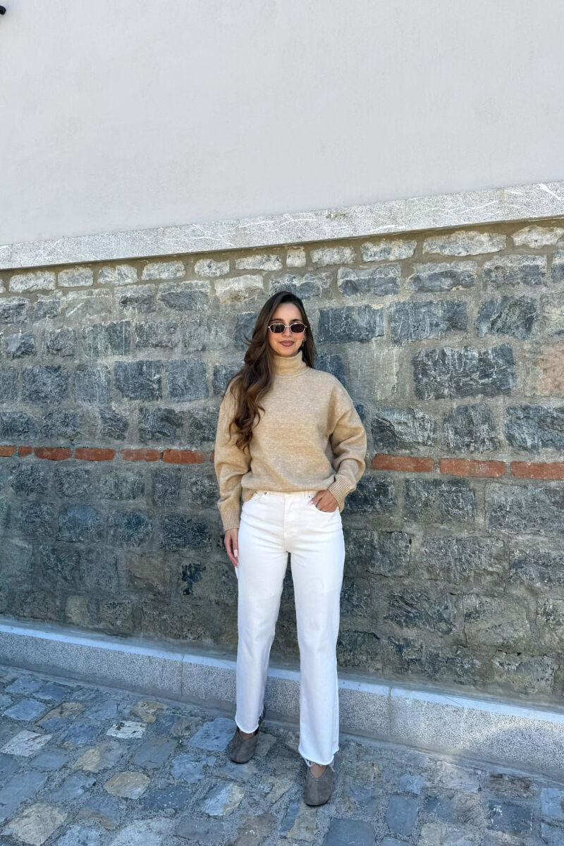 ONE COLOR KNITTED HIGH NECK WOMAN SWEATER BEIGE/BEZHE - 2