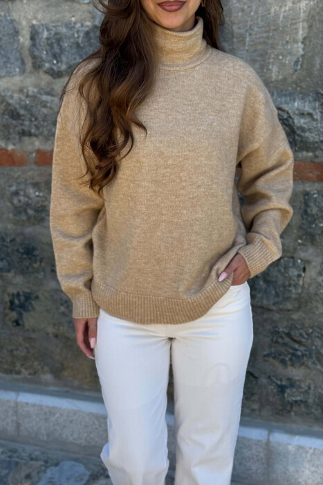ONE COLOR KNITTED HIGH NECK WOMAN SWEATER BEIGE/BEZHE - 3
