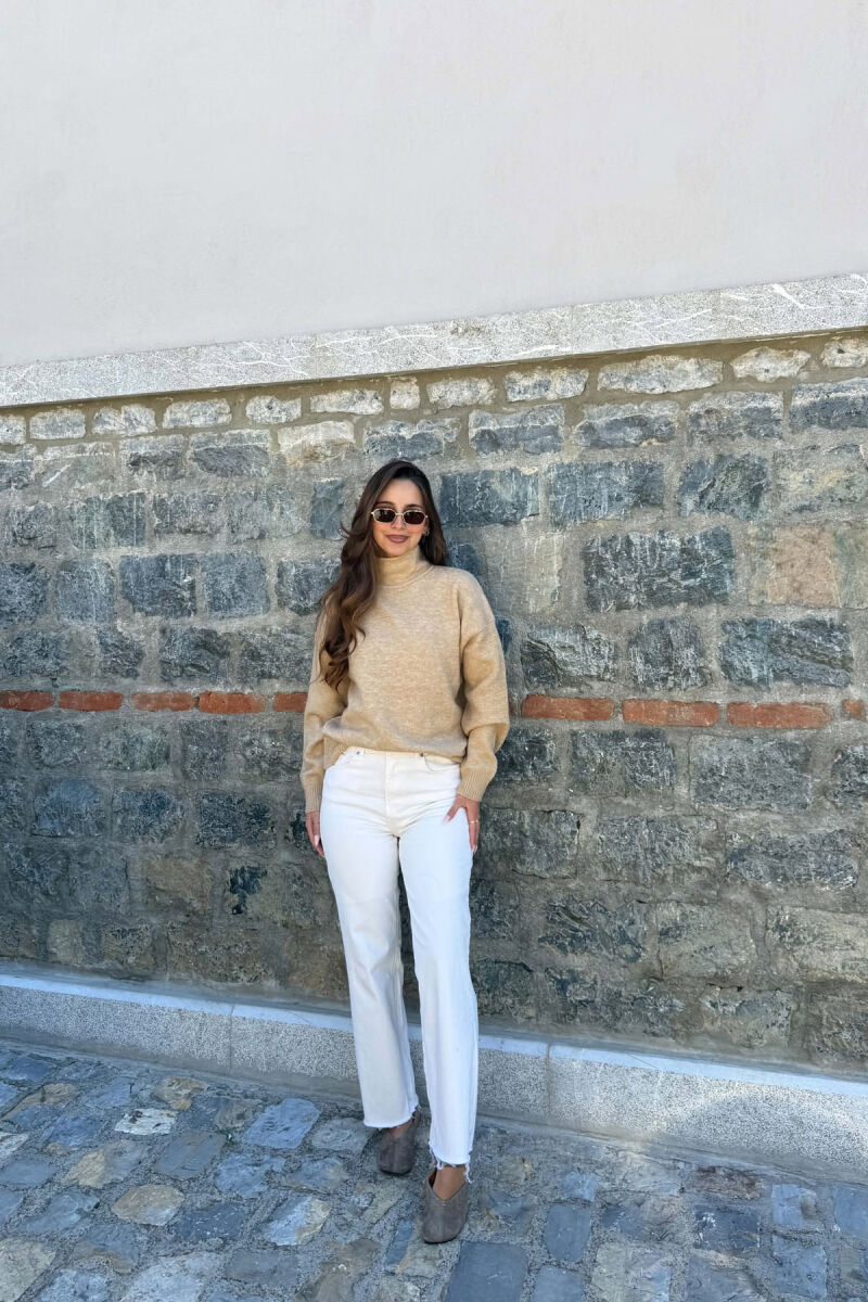 ONE COLOR KNITTED HIGH NECK WOMAN SWEATER BEIGE/BEZHE - 5